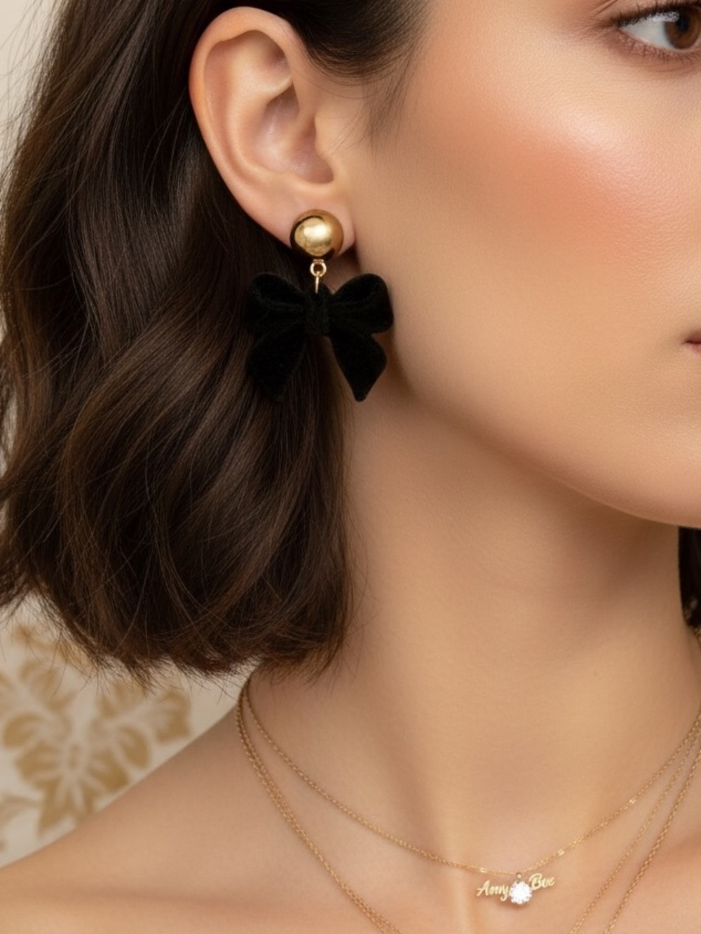 Gold Plated Black Velvet Bow dangle earrings. New.
